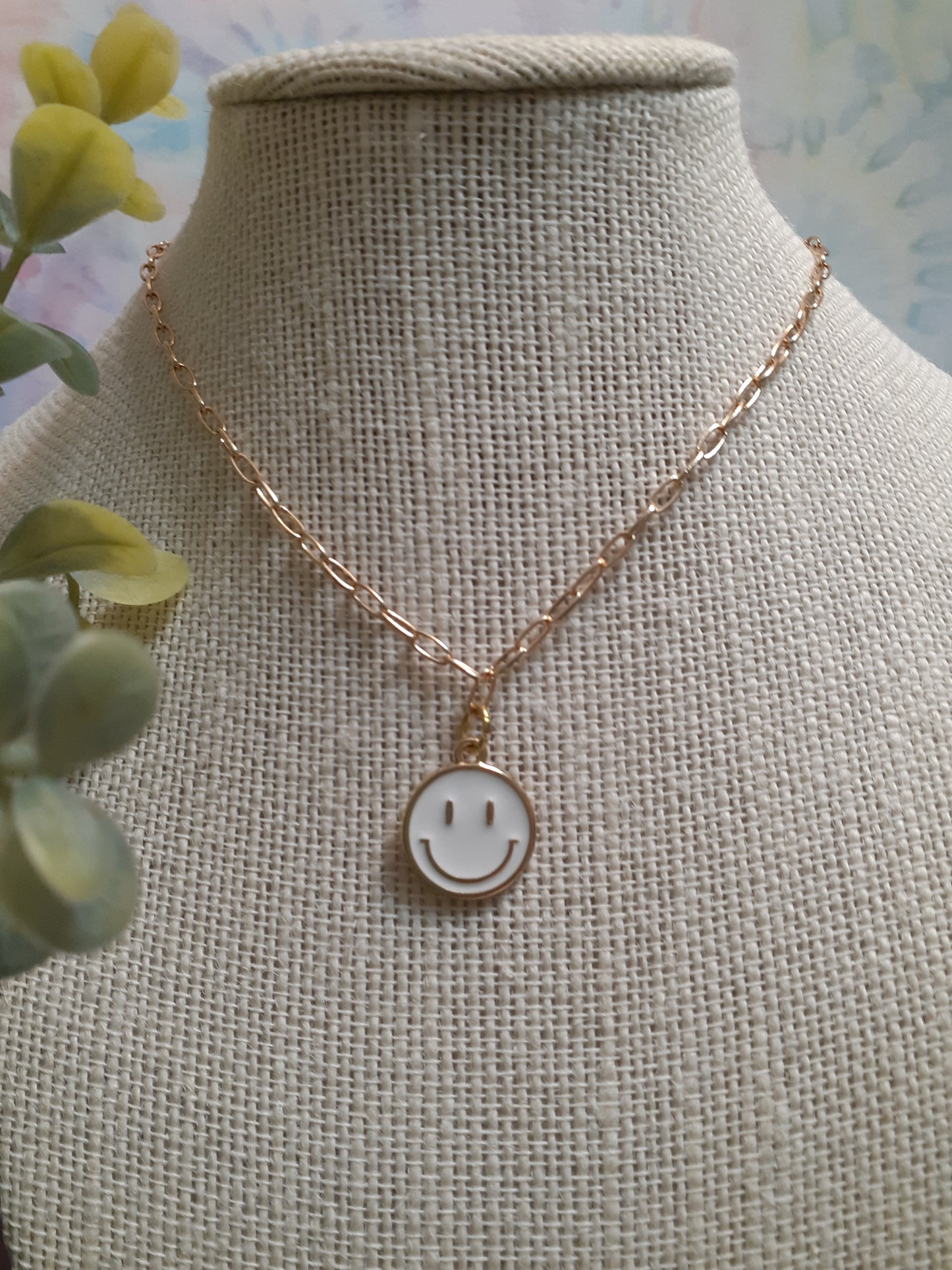 Smiley face paperclip necklace, Gold chain happy necklace, Positive Happy necklace