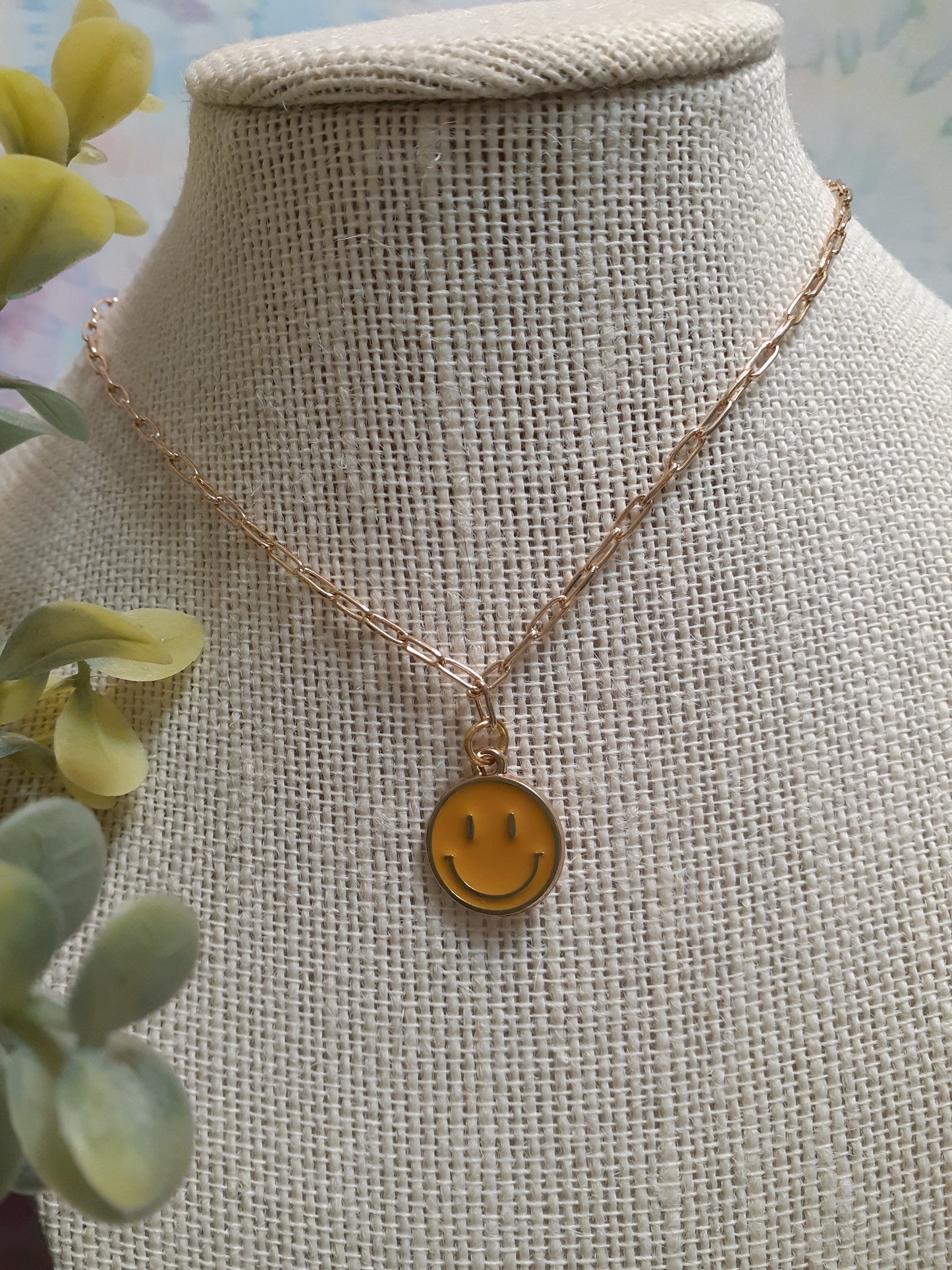 Smiley face paperclip necklace, Gold chain happy necklace, Positive Happy necklace