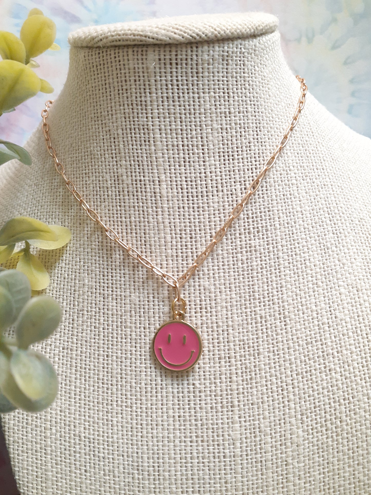 Smiley face paperclip necklace, Gold chain happy necklace, Positive Happy necklace
