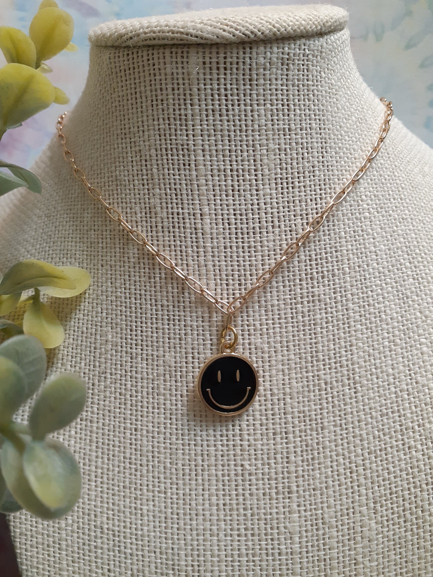 Smiley face paperclip necklace, Gold chain happy necklace, Positive Happy necklace