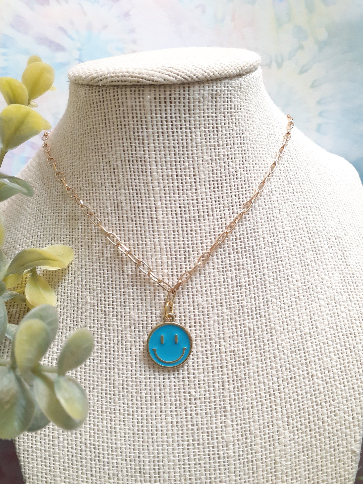 Smiley face paperclip necklace, Gold chain happy necklace, Positive Happy necklace