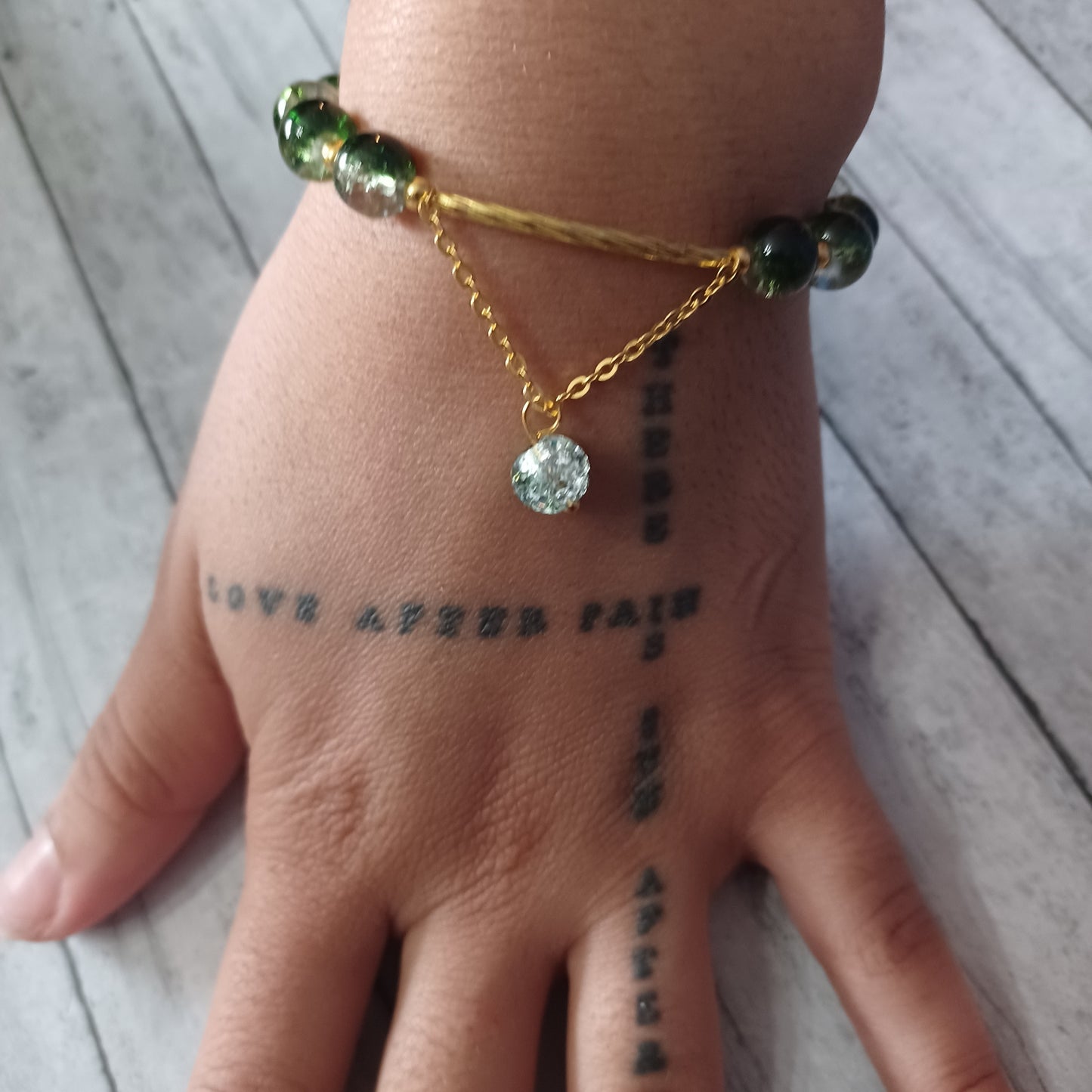 Green Crackle Bracelet with Dangling Chain