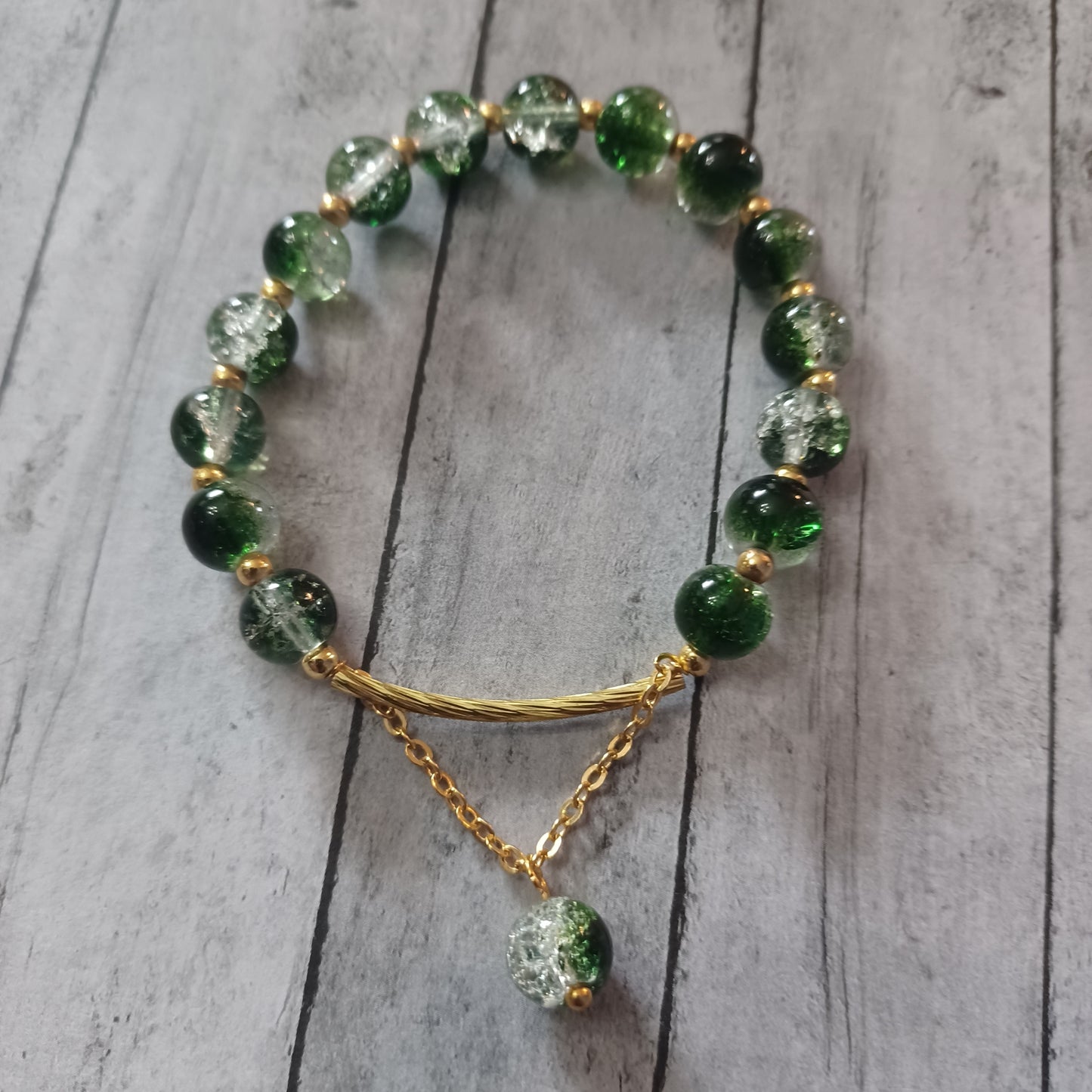 Green Crackle Bracelet with Dangling Chain