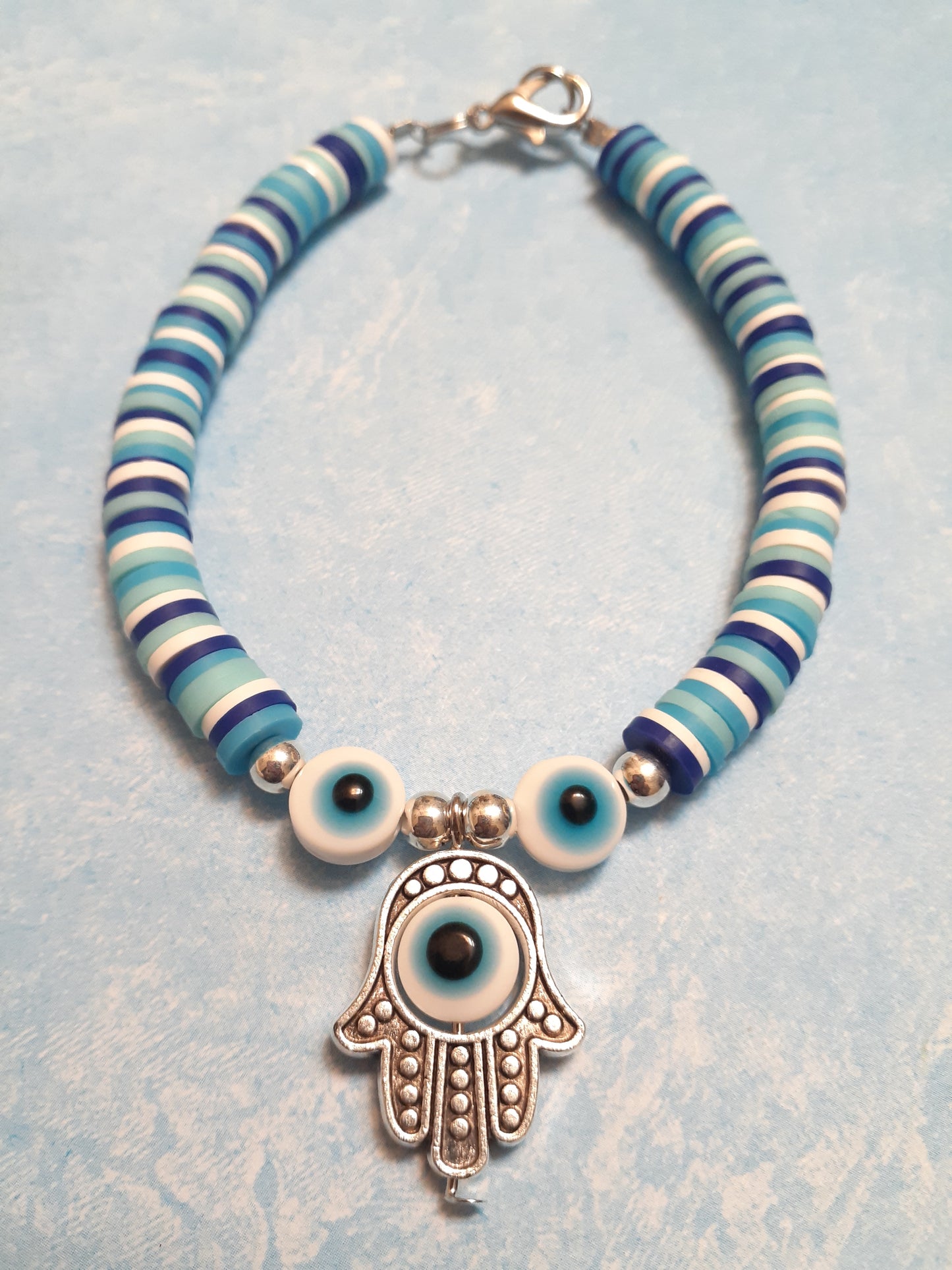 Blue and White Clay Disc bracelets, Heishi bracelets