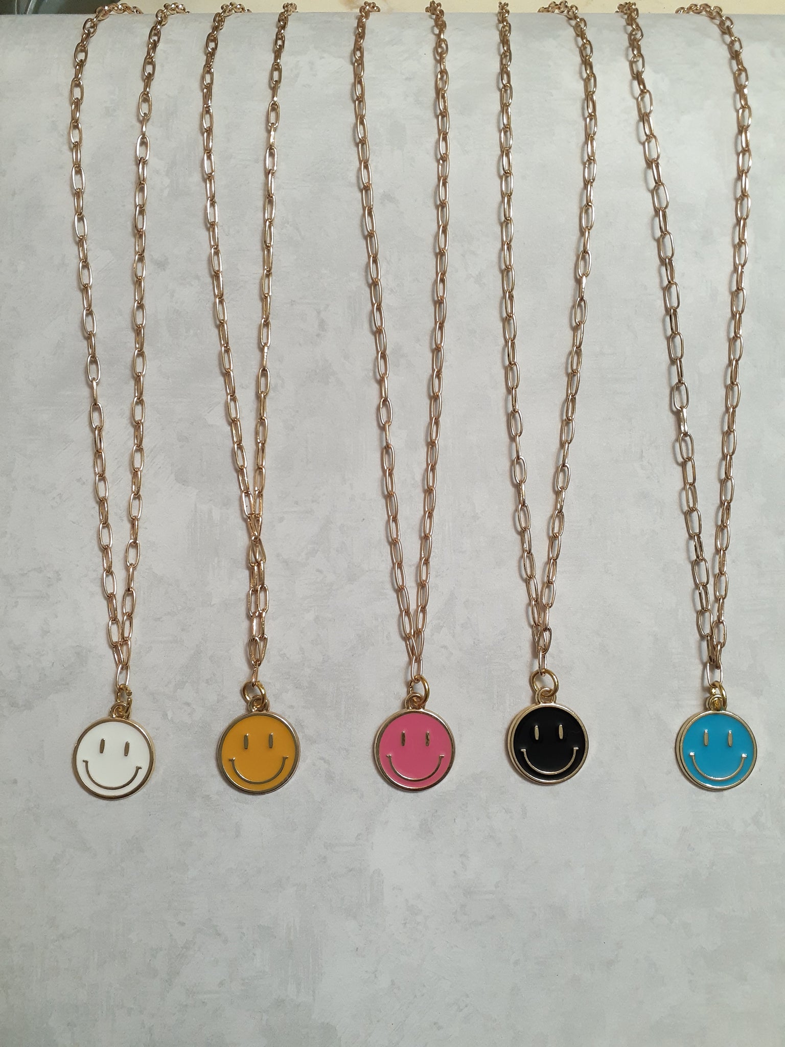 White Smiley Face Paperclip Necklaces, Gold Chain - Positive Happy Jewelry