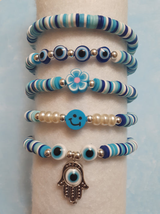 Blue and White Clay Disc bracelets, Heishi bracelets